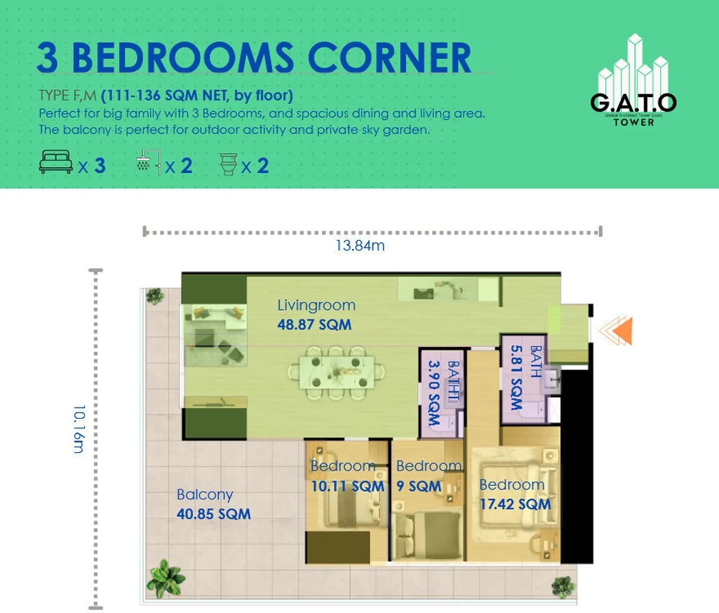 G.A.T.O Tower, osnova trosobnog ugaonog stana, 125 m² neto