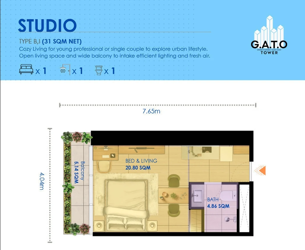 G.A.T.O Tower, osnova studija, 31 m² neto