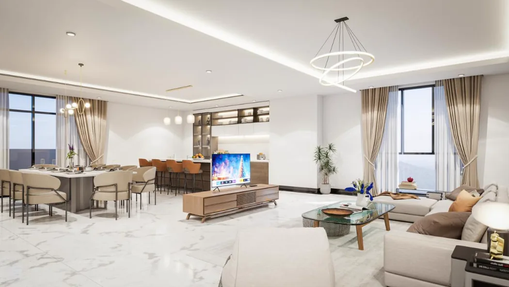 LZ Sea View Premium, dnevna soba sa trpezarijom, render developera