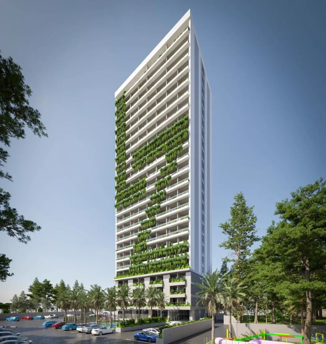 LZ Sea View Premium, kula sa zelenom fasadom, render developera