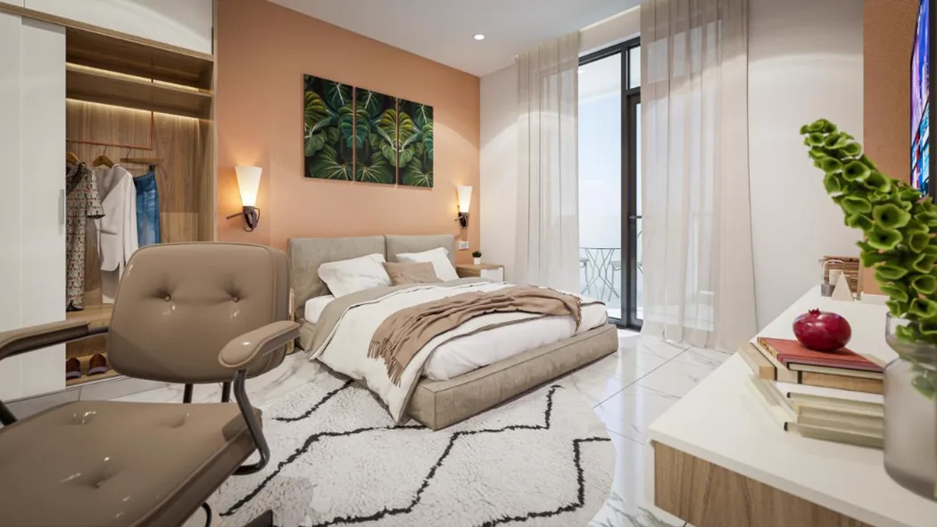 LZ Sea View Premium, spavaća soba sa izlazom na balkon, render developera