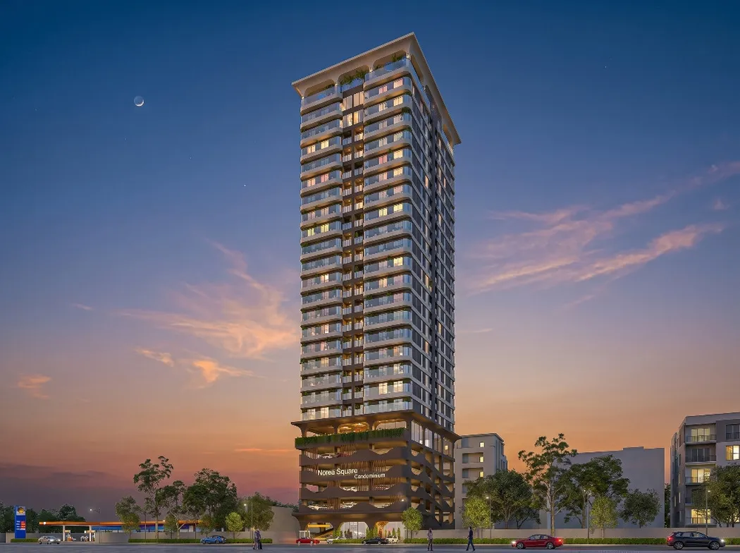 Norea Square, kula uz reku u zalazak, render developera