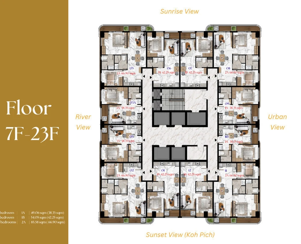 Norea Square, osnova tipskog sprata, 7. do 23. sprat